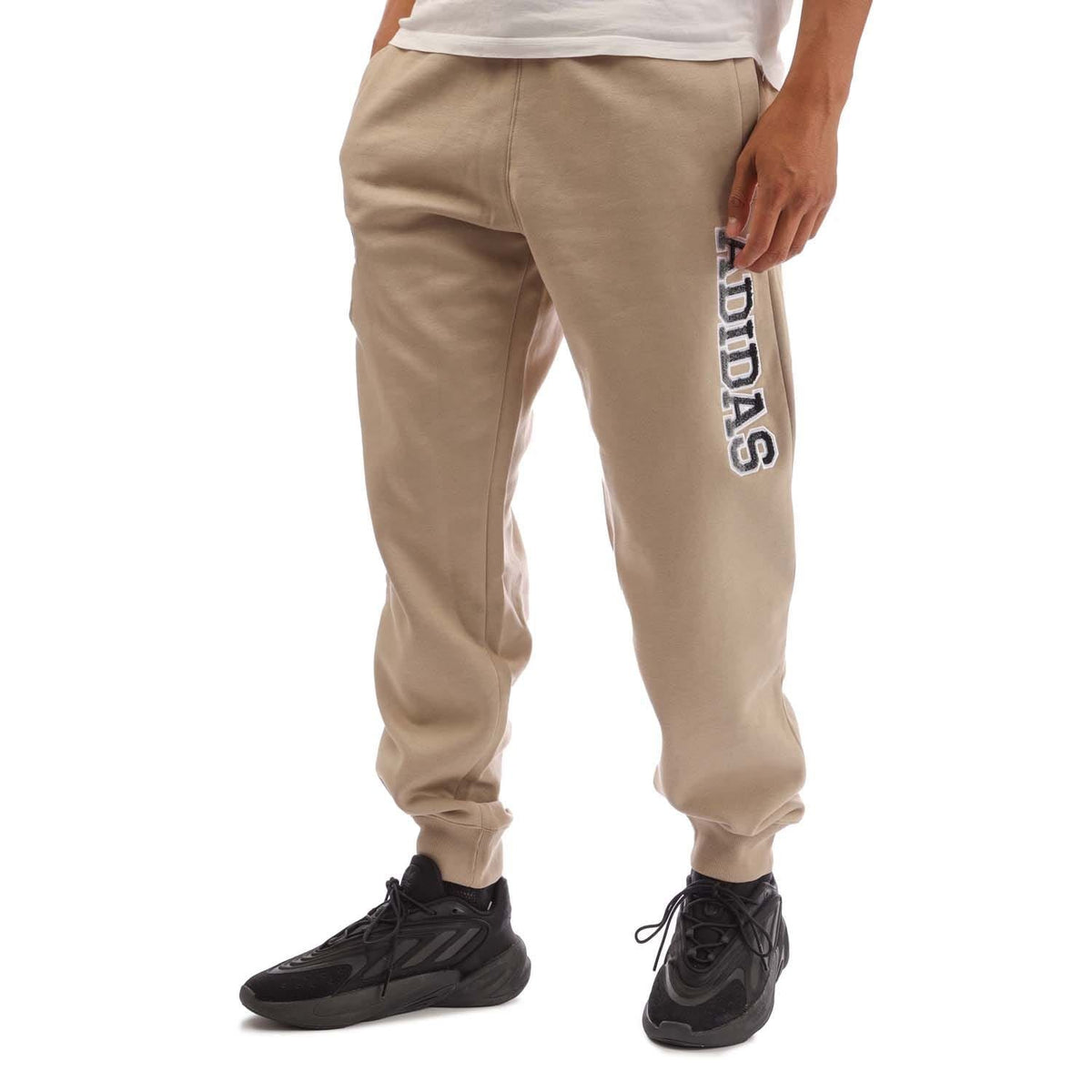 Khaki adidas joggers with cuffed hems and side logo print