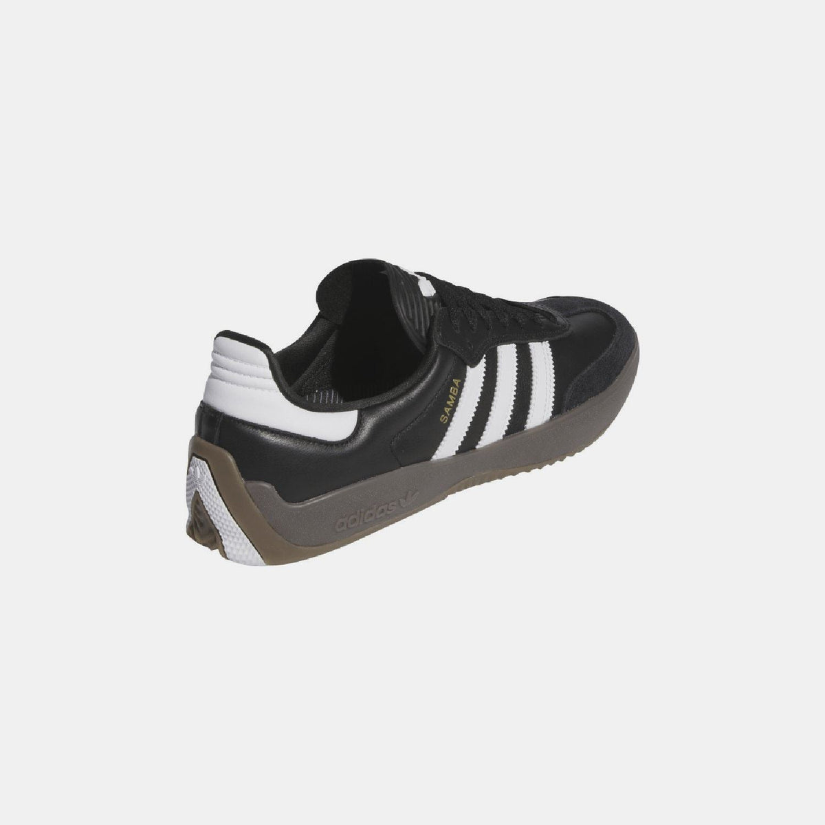 Black trainers showing heel tab and white triple stripes on the side