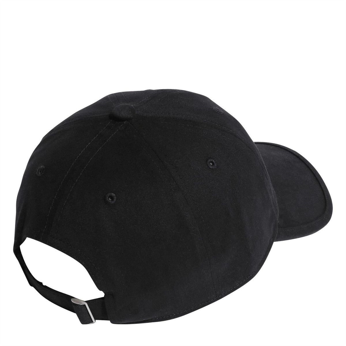 Black dad baseball cap, side profile with small eyelets and adjustable strap