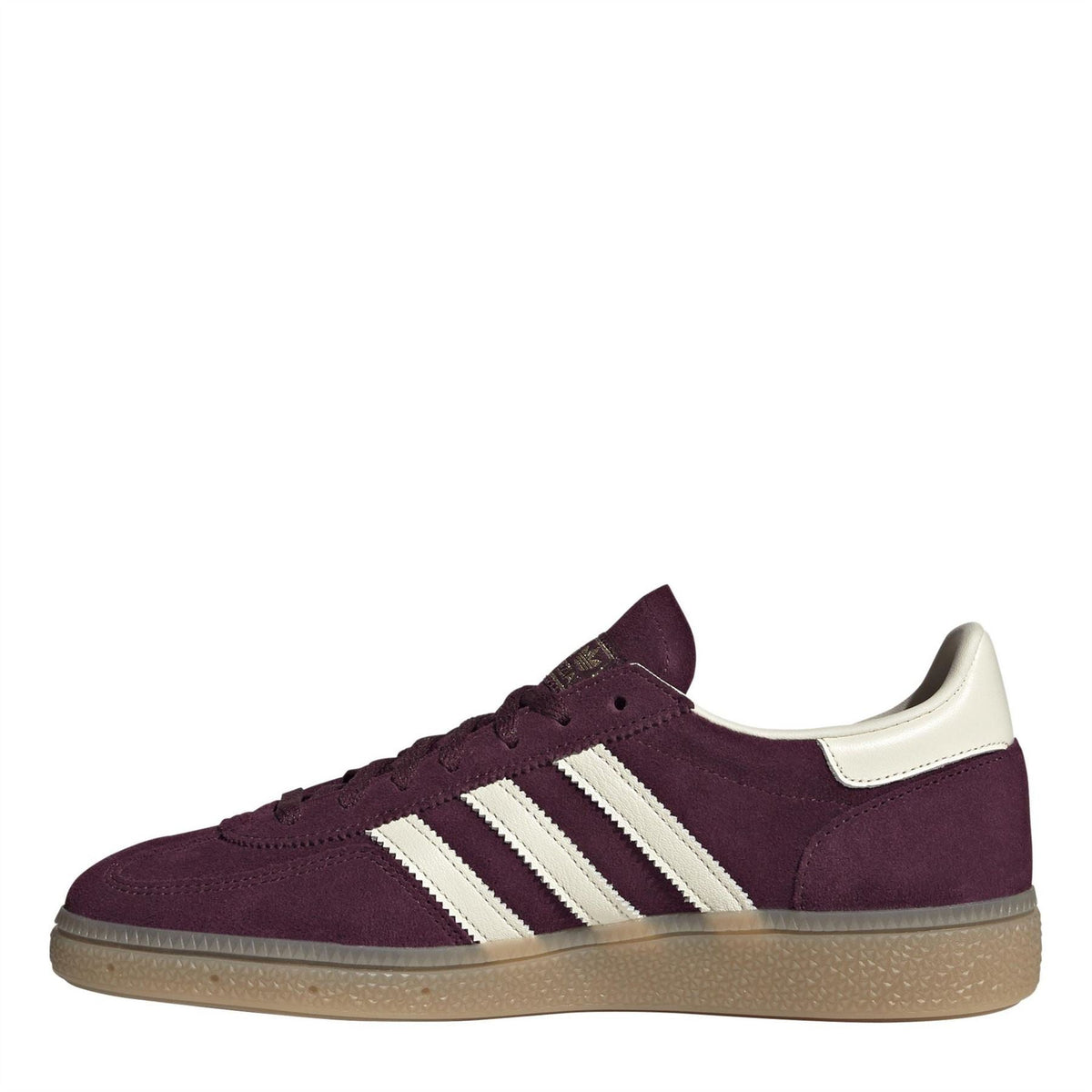 Burgundy canvas low-top sneakers with white triple stripes and gum outsole