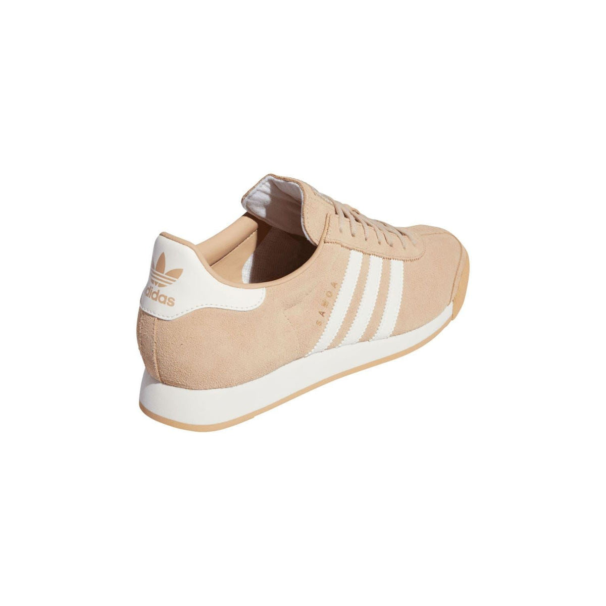 Beige adidas Samoa trainers, side and heel view with white stripe detail