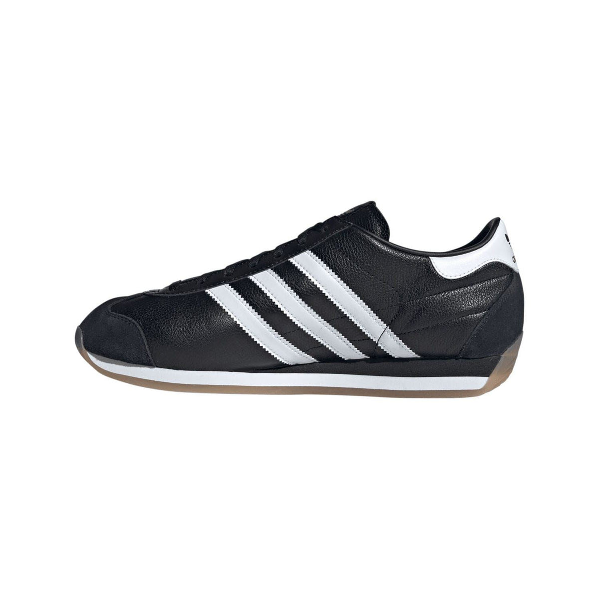 Black leather adidas trainers with white three stripes and gum-look rubber sole