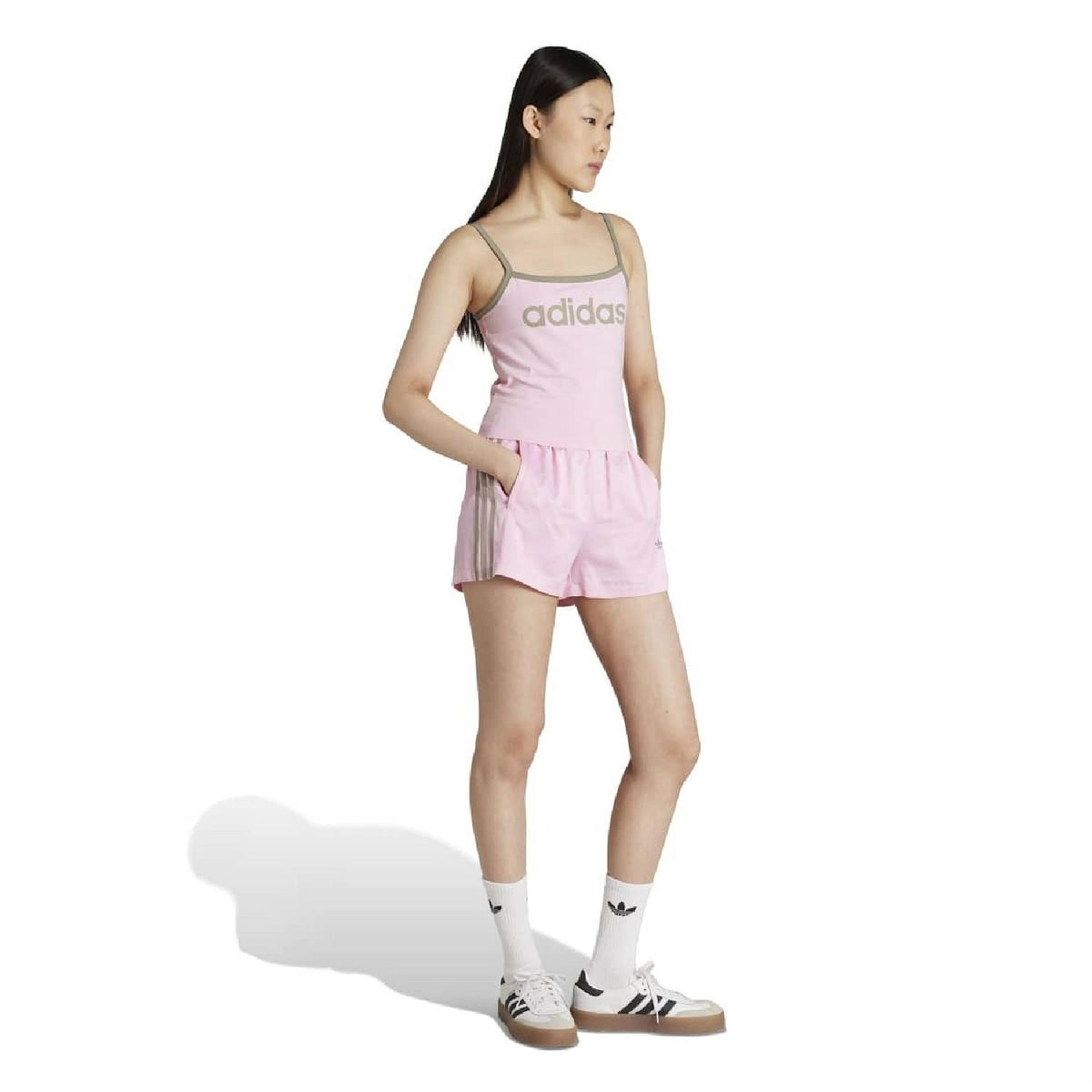 Pink Adidas Originals tank top with front 'adidas' logo, thin straps, gathered waist
