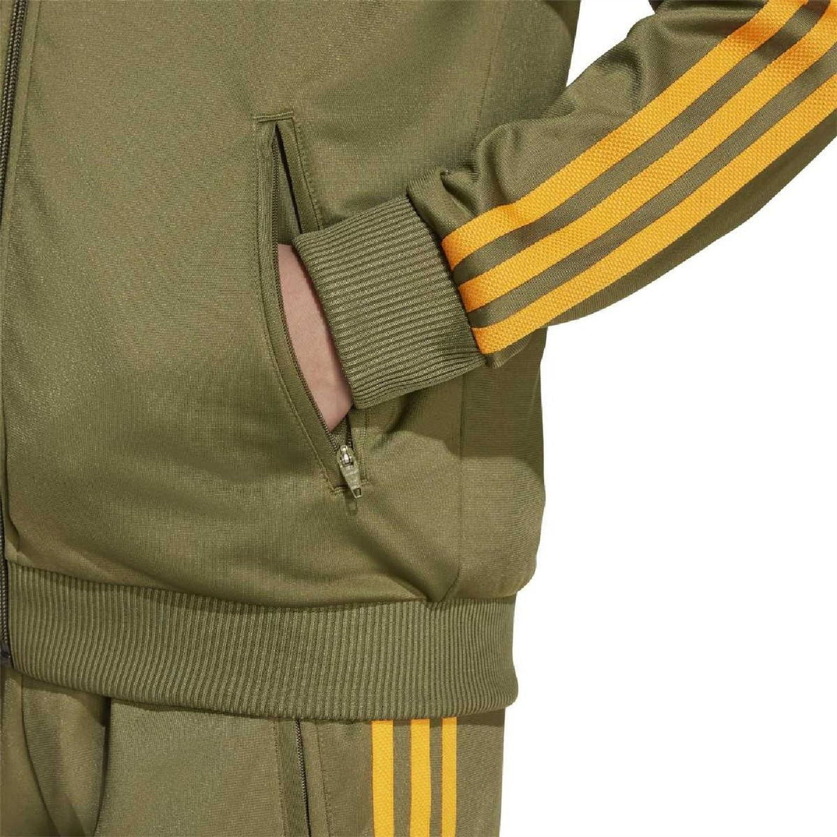 adidas junior zip-up top cuff detail, olive green knit trim and yellow-orange stripe sleeve