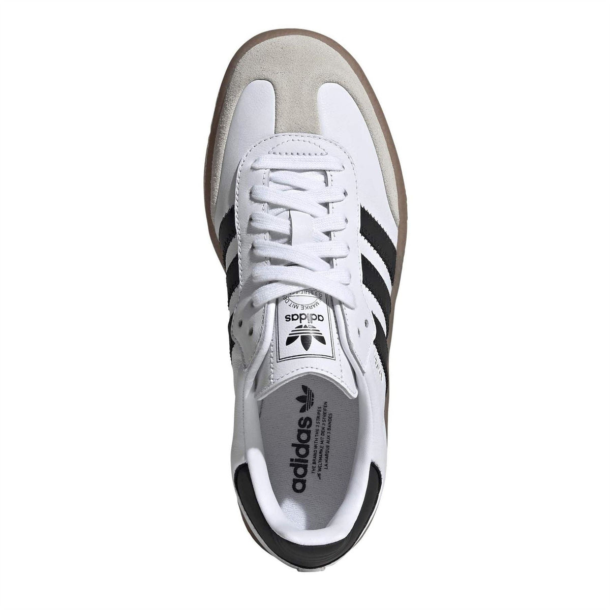 adidas Originals Samba sneakers front view, white laces and black heel detail