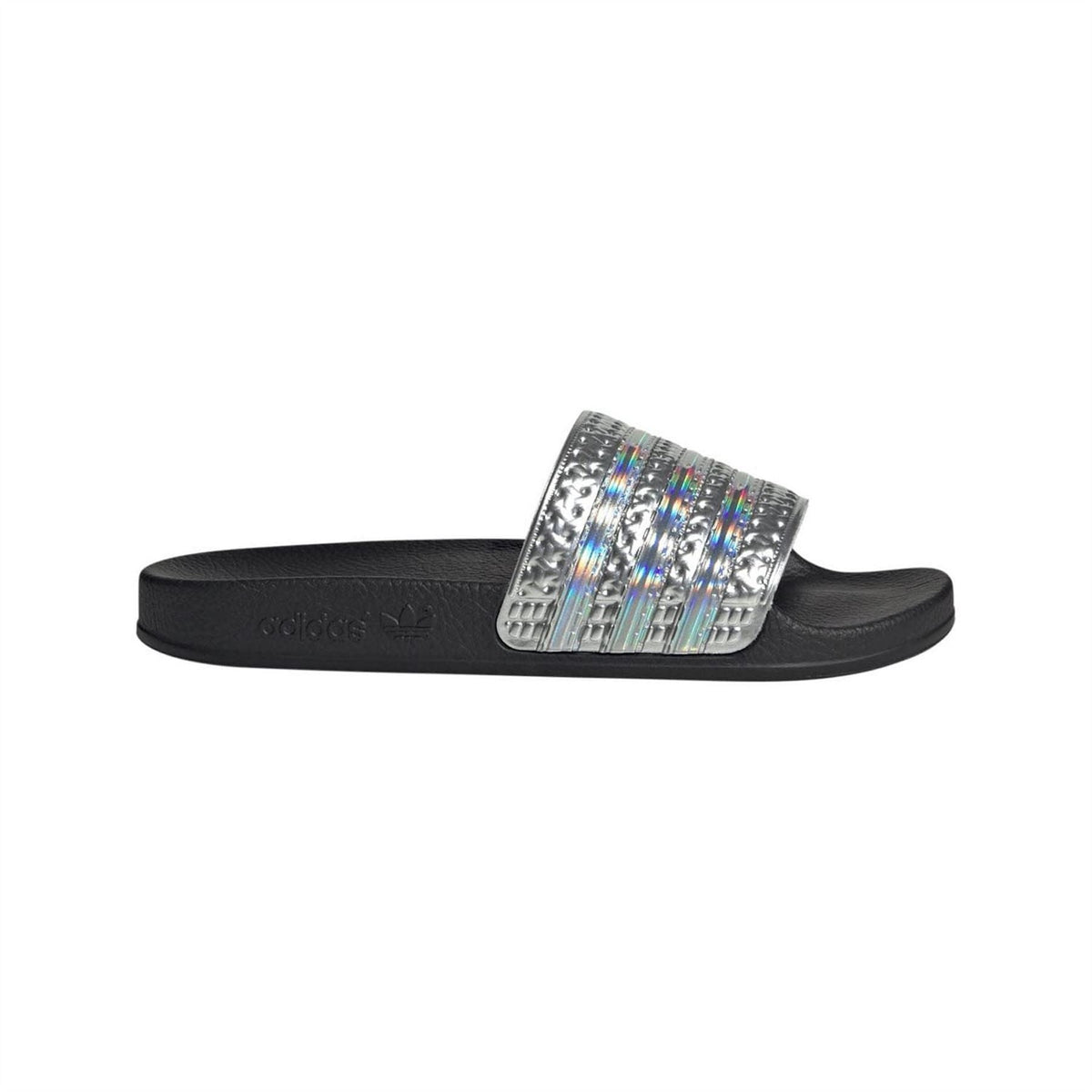 Junior black slide sandals with silver iridescent patterned strap