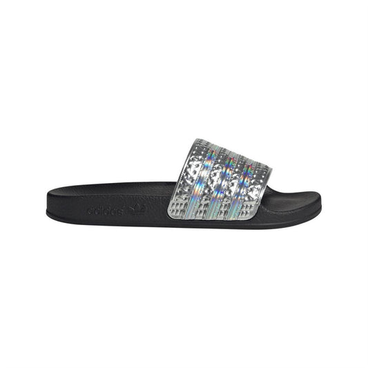 Junior black slide sandals with silver iridescent patterned strap