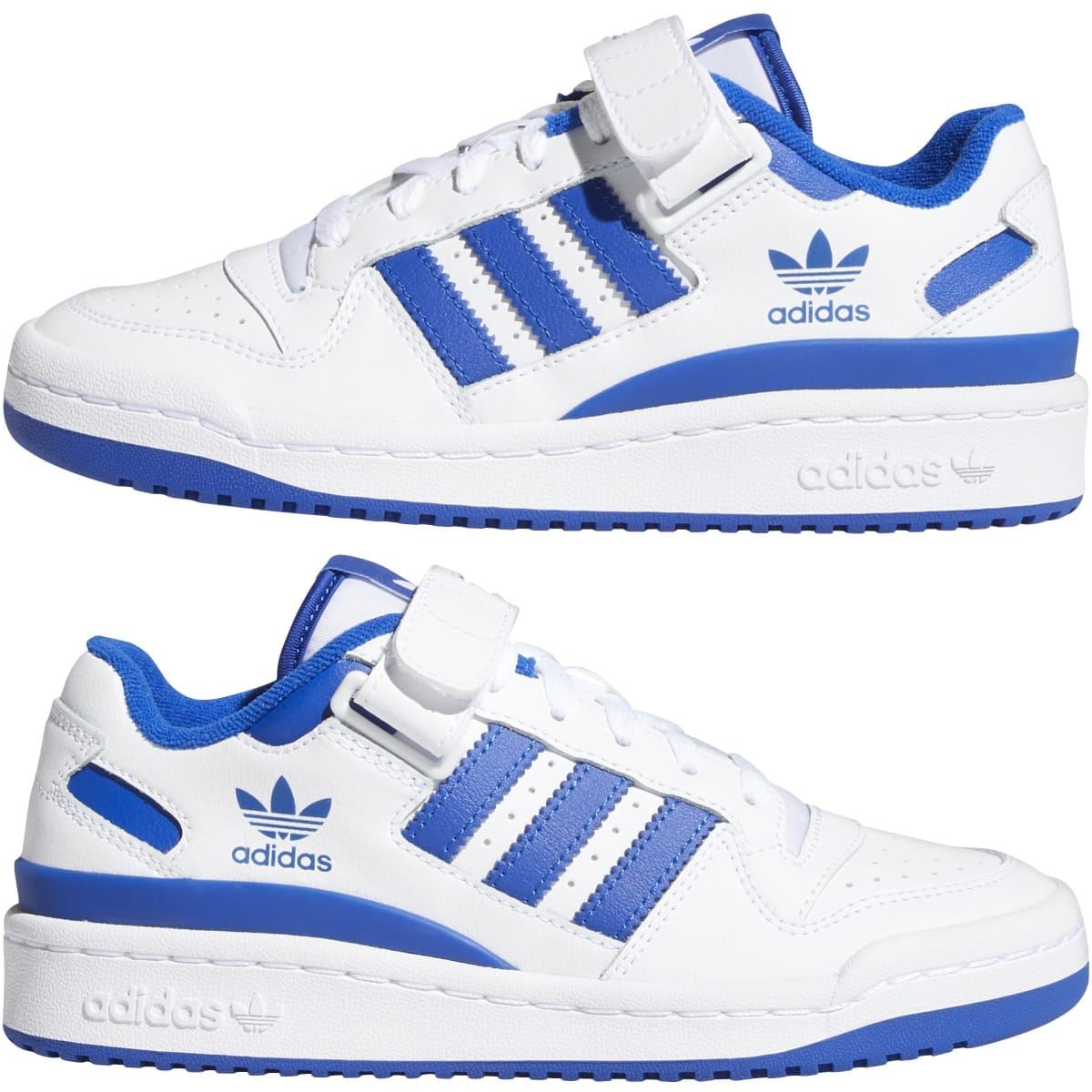 Pair of kids white and blue low-top sneakers with Adidas stripes and strap