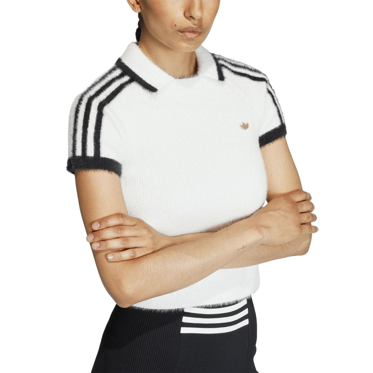 adidas Originals womens white polo shirt detail with black collar stripes and logo
