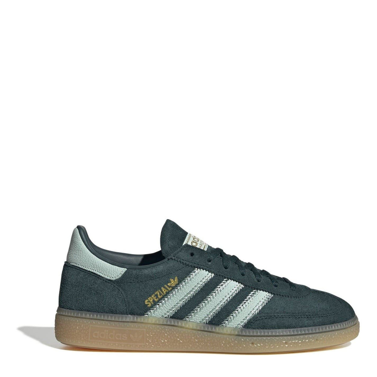Women’s suede low-top sneakers, dark green with silver stripes and gum sole