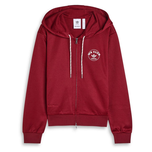 Burgundy zip-up track hoodie with hood, drawstrings, and Adidas chest logo patch