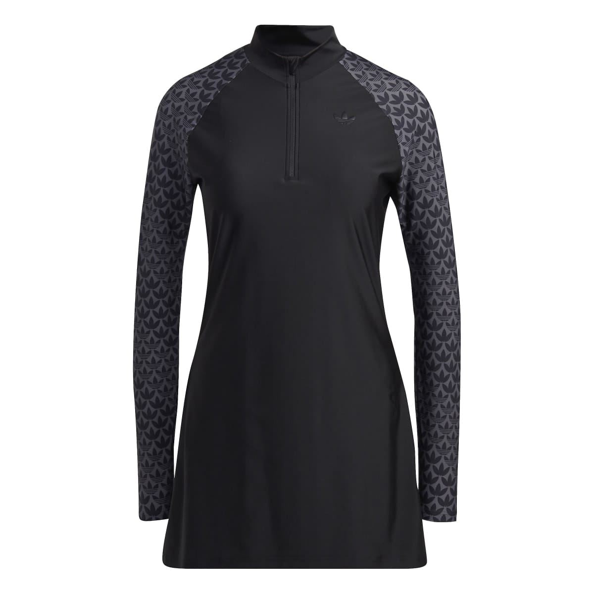 Black full-coverage swim top with zip neck and monogram patterned sleeves