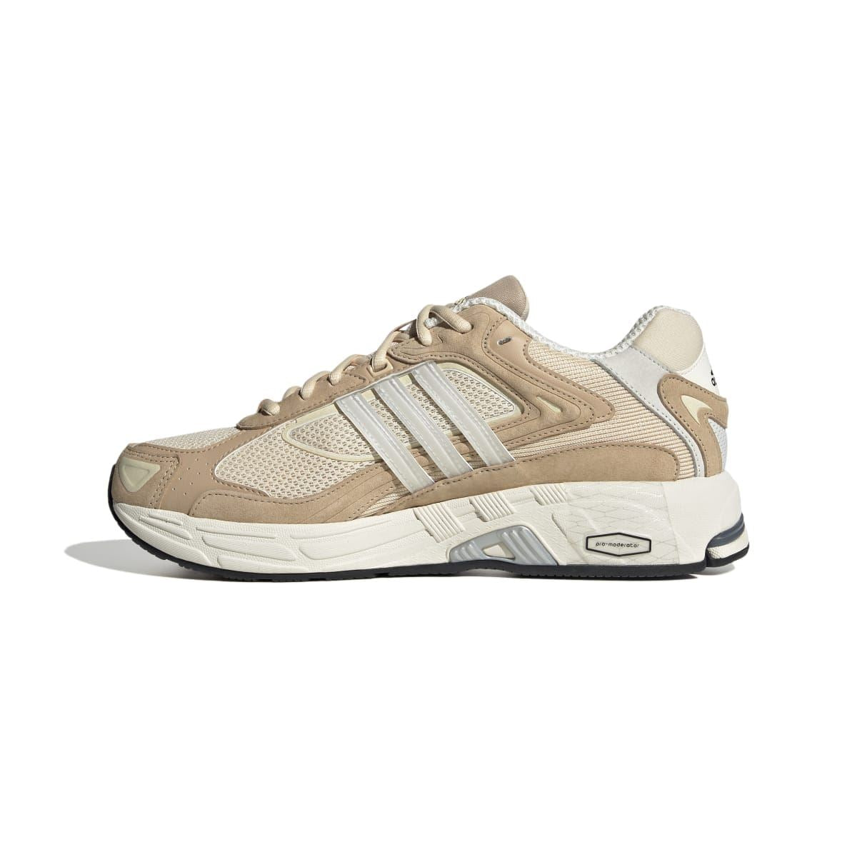 Sand and off-white low-top lace-up trainers with textured toe and white 3-stripe details