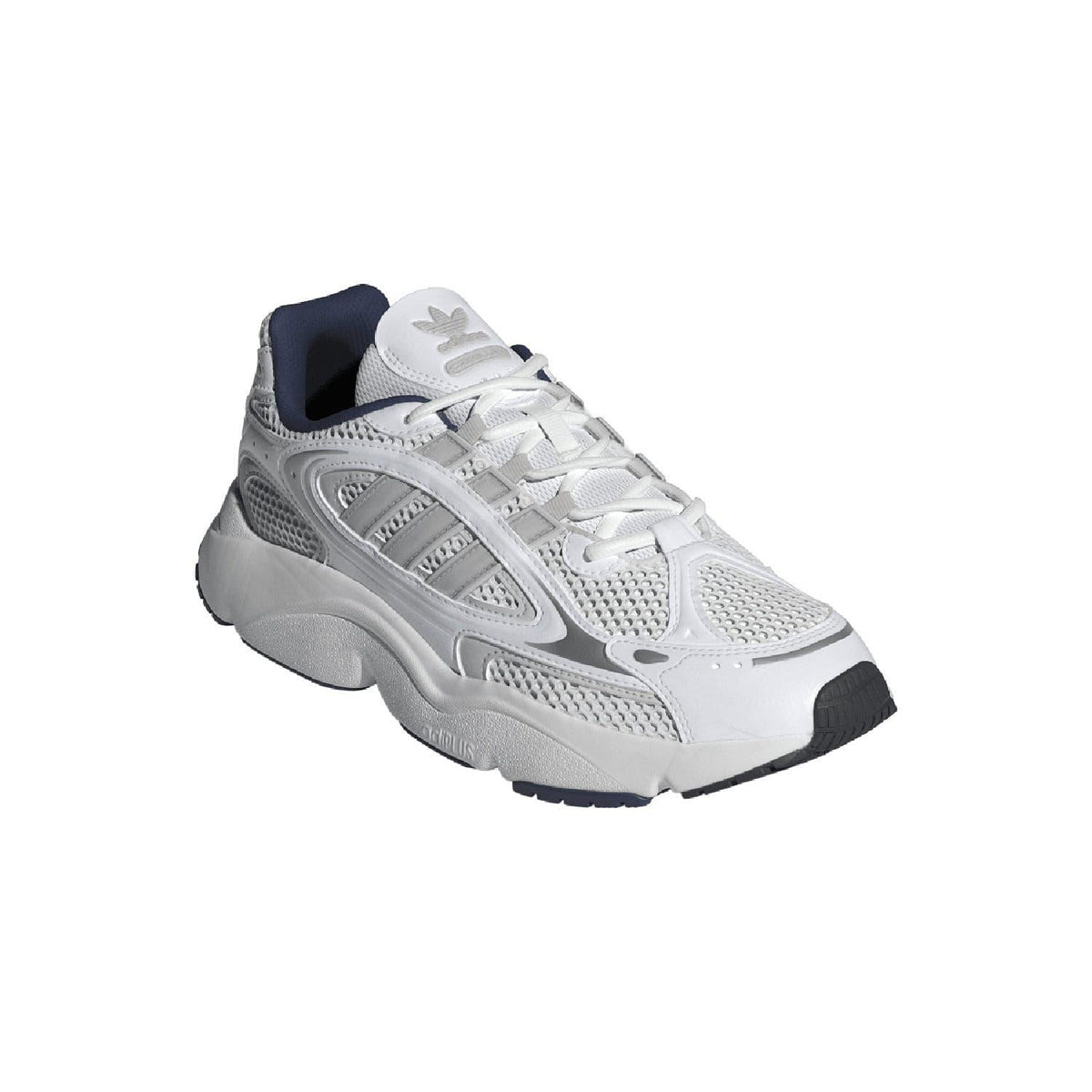 White and grey lace-up trainers with navy heel trim and sculpted sole