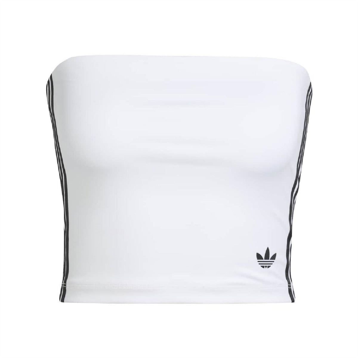 Adidas Originals white strapless tube top with black 3-stripe side detail and Trefoil logo