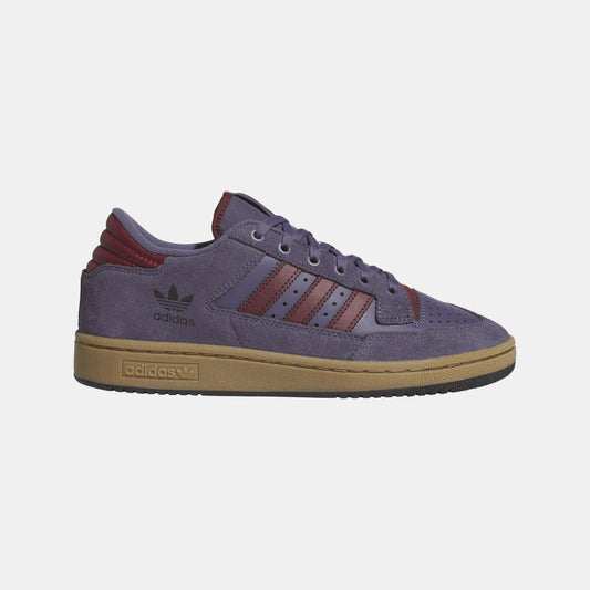 Violet suede low-top adidas Originals shoes with burgundy accents and gum sole