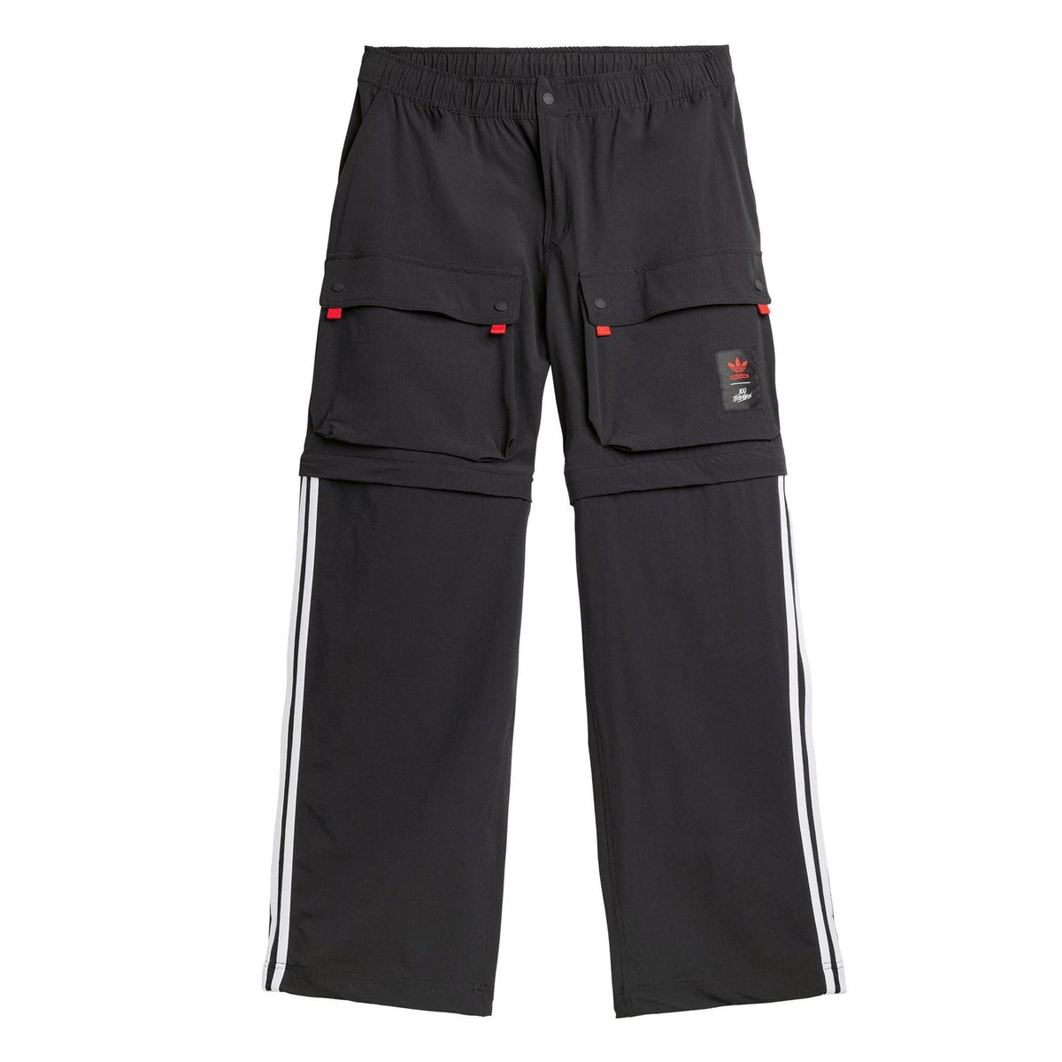 Black fleece jogger pants with cargo pockets, red accents, and adidas Originals logo
