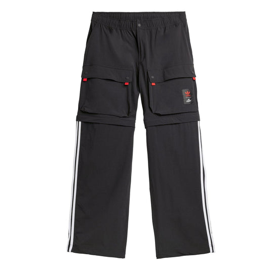 Black fleece jogger pants with cargo pockets, red accents, and adidas Originals logo