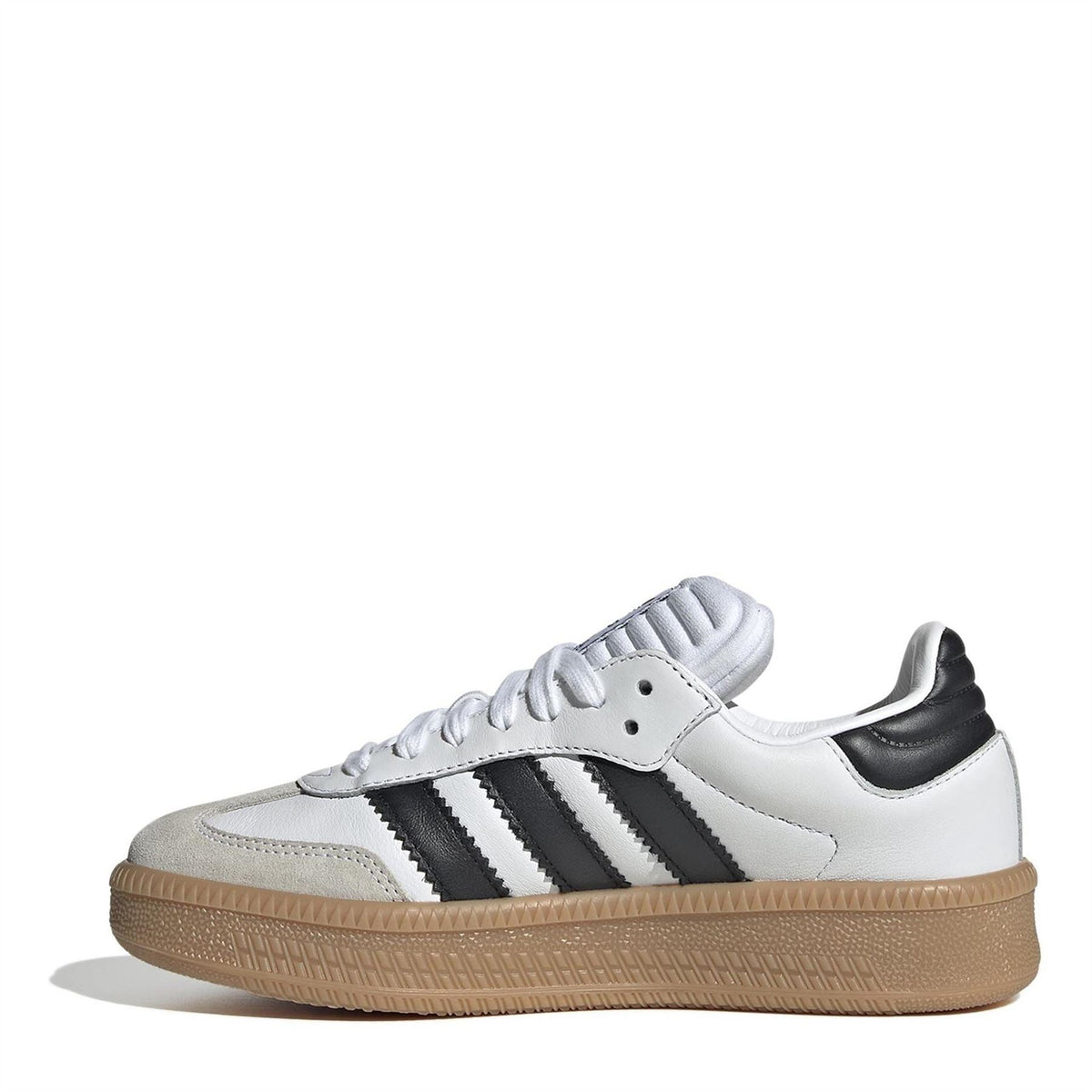 Kids white low-top sneakers with black three stripes and gum sole