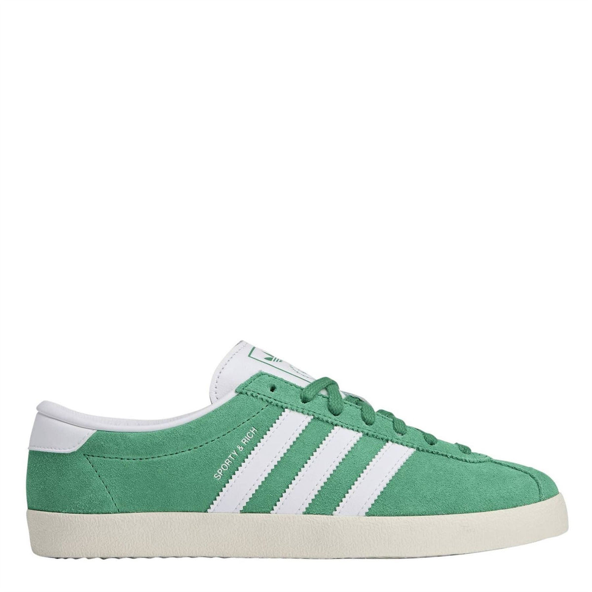 Court-style trainers in court green suede with white triple stripes and white sole