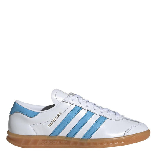 White leather lace-up trainers with light blue 3-stripe design and gum rubber sole