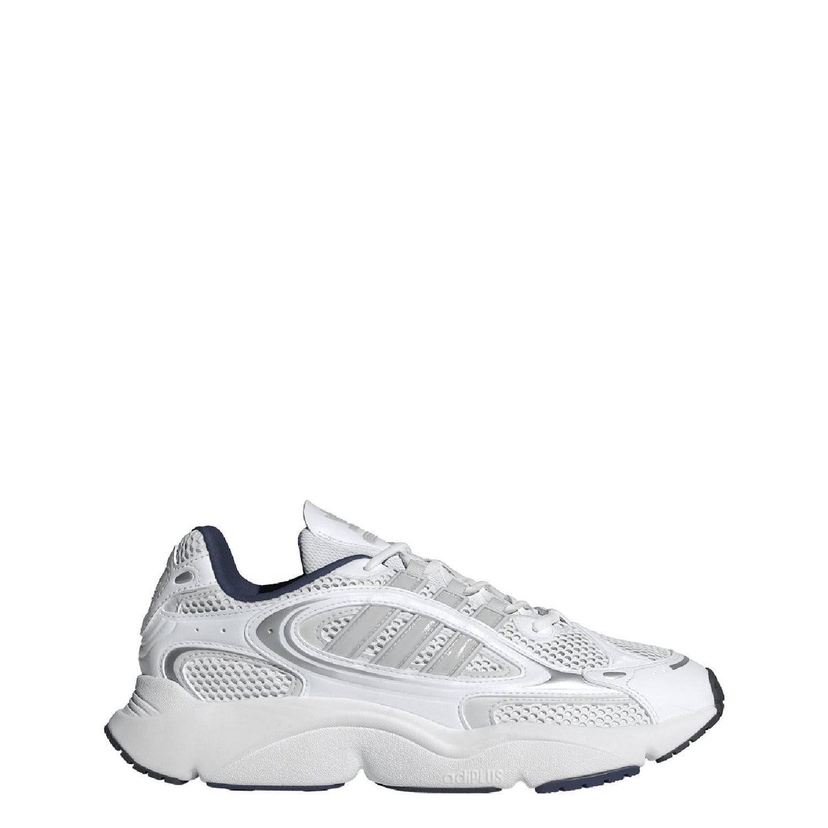 White and grey lace-up trainers with navy collar lining and chunky sole