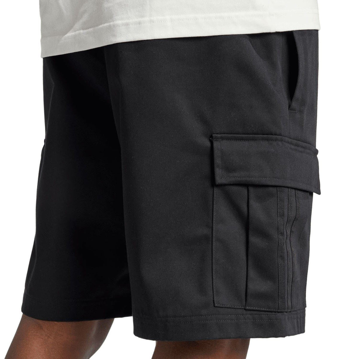 Black cargo shorts with side cargo pocket and drawstring waistband detail