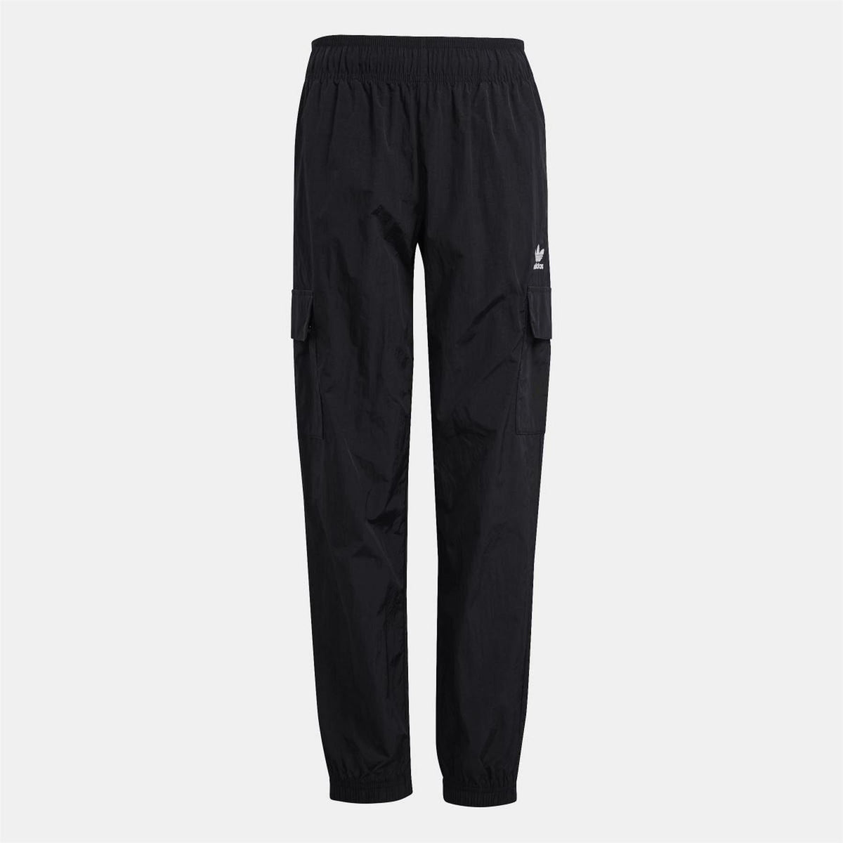 Black track pants with elastic waist, cuffed hems and side cargo pockets