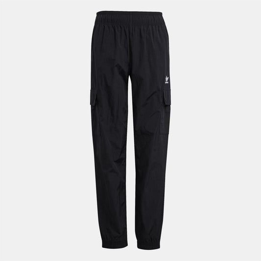 Black track pants with elastic waist, cuffed hems and side cargo pockets