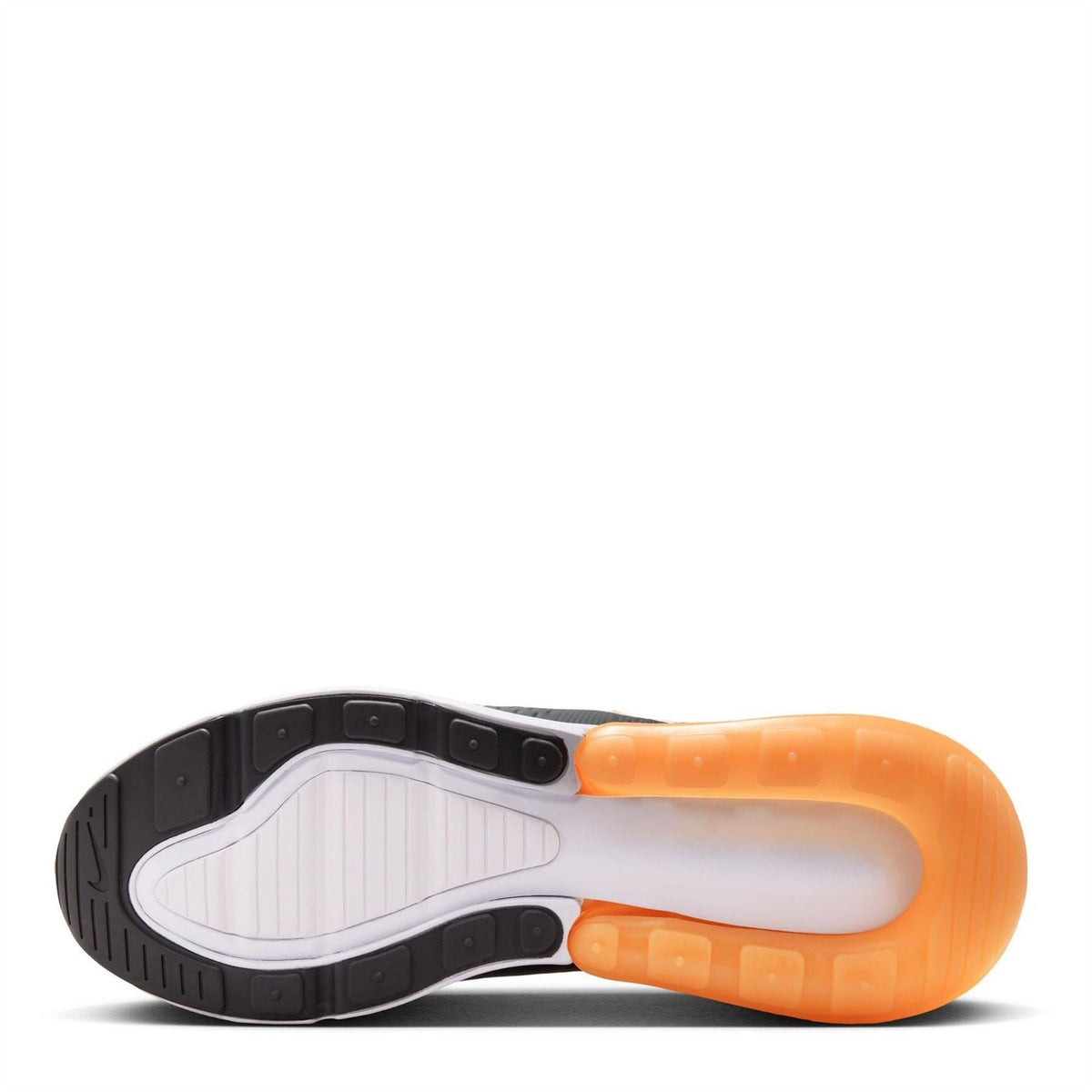 Nike Air Max 270 trainers outsole with dark tread and orange translucent air unit