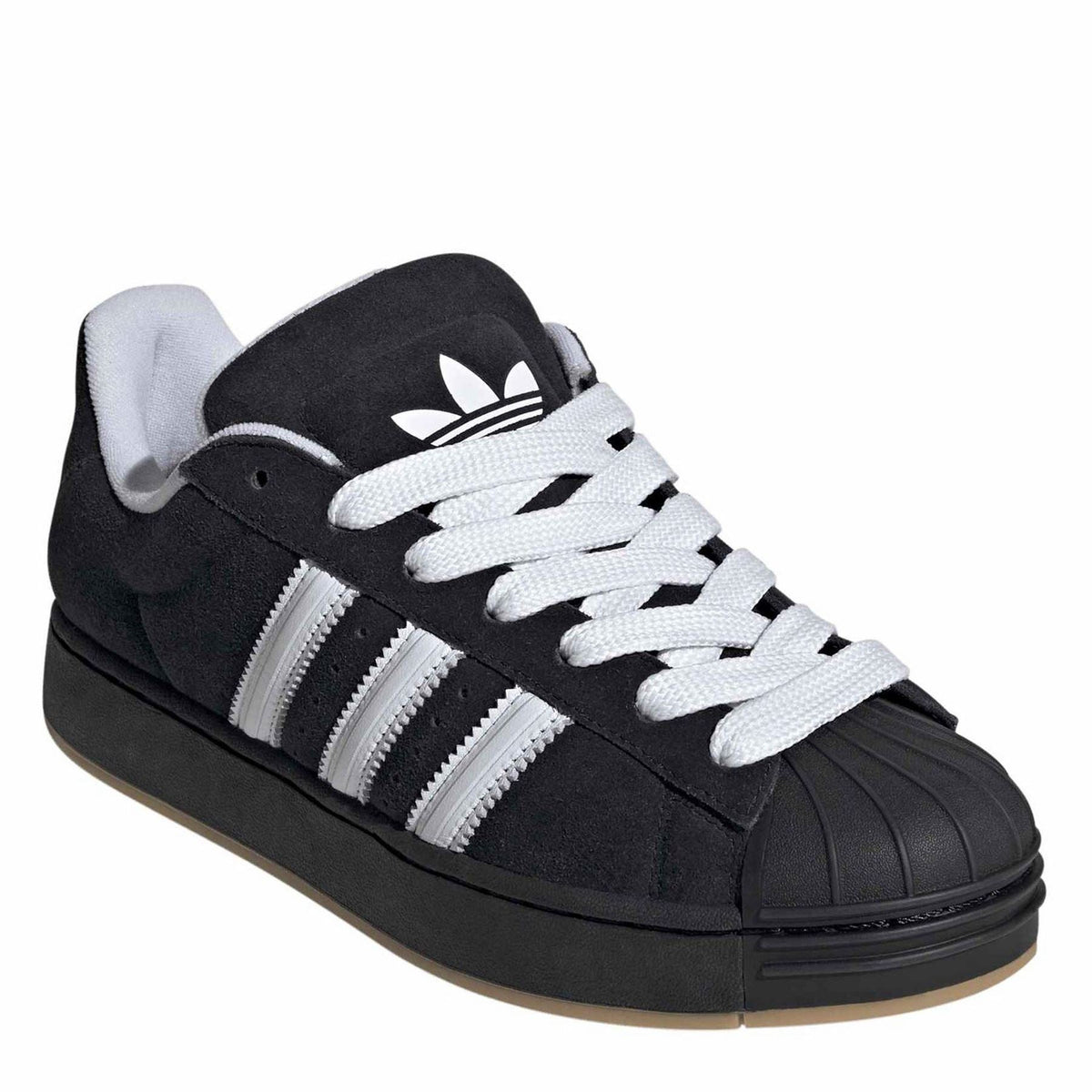 Black adidas low-top sneaker with white trefoil on tongue, lace-up with three stripes