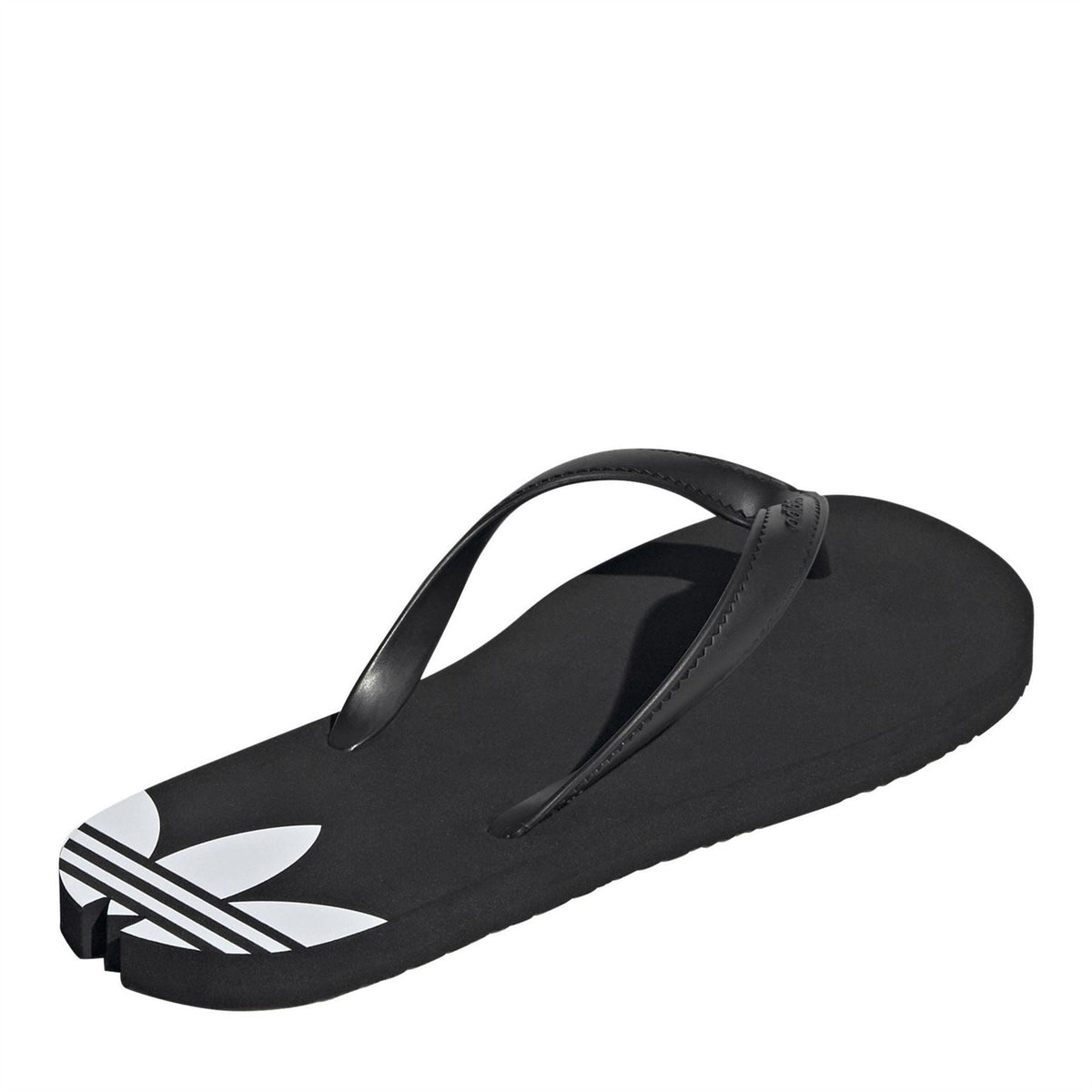 Black flip-flop sandal with padded thong strap and white adidas emblem on footbed