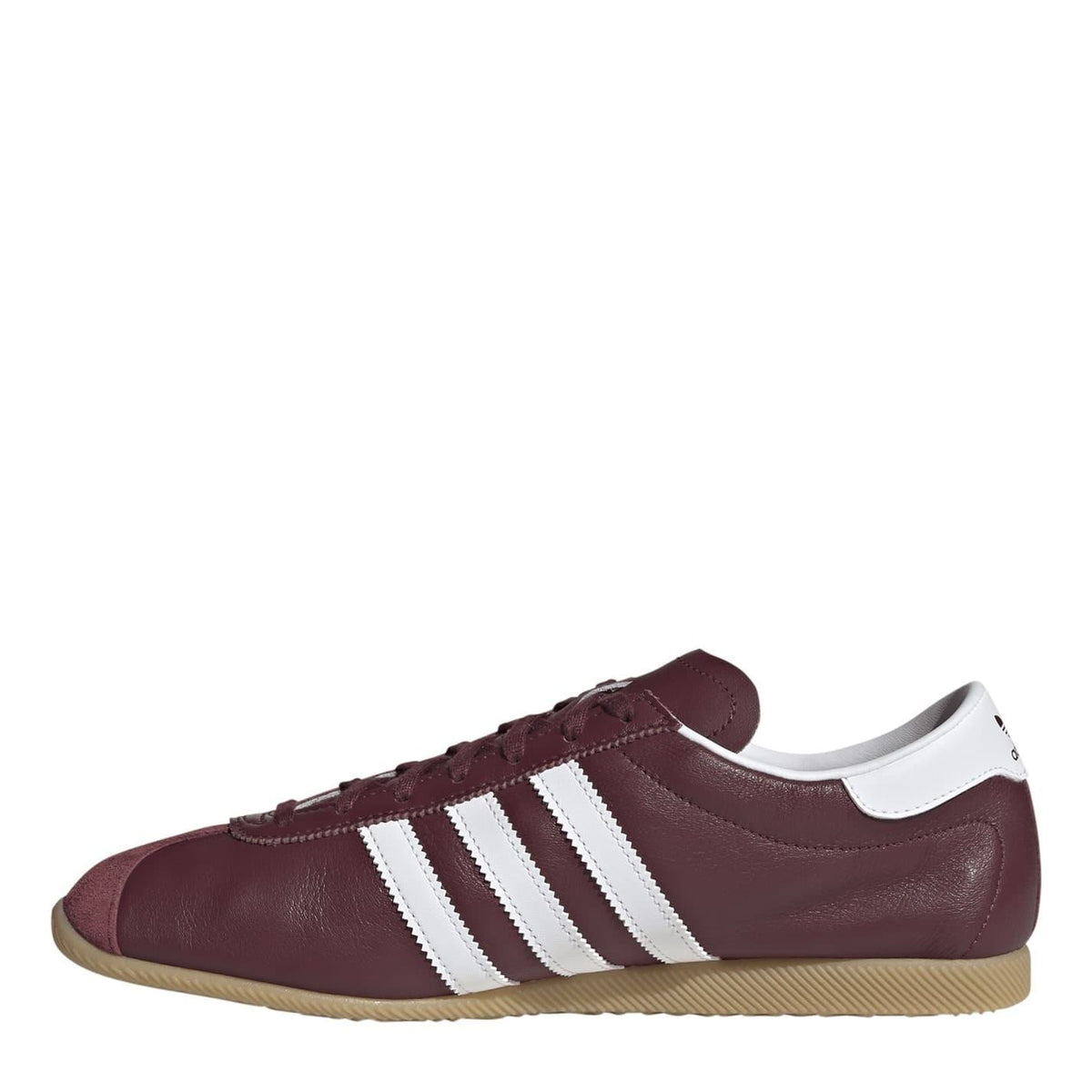 Burgundy low top sneakers with white side stripes, lace-up front, and gum outsole