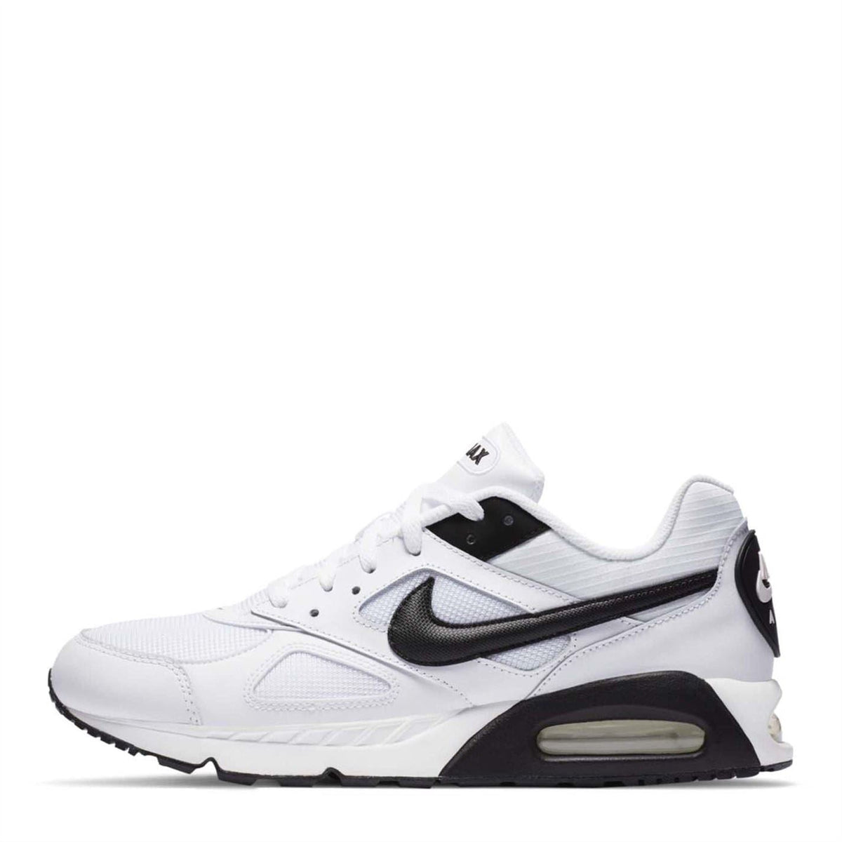 White trainers with black Swoosh and dark Air heel window, lace-up profile view