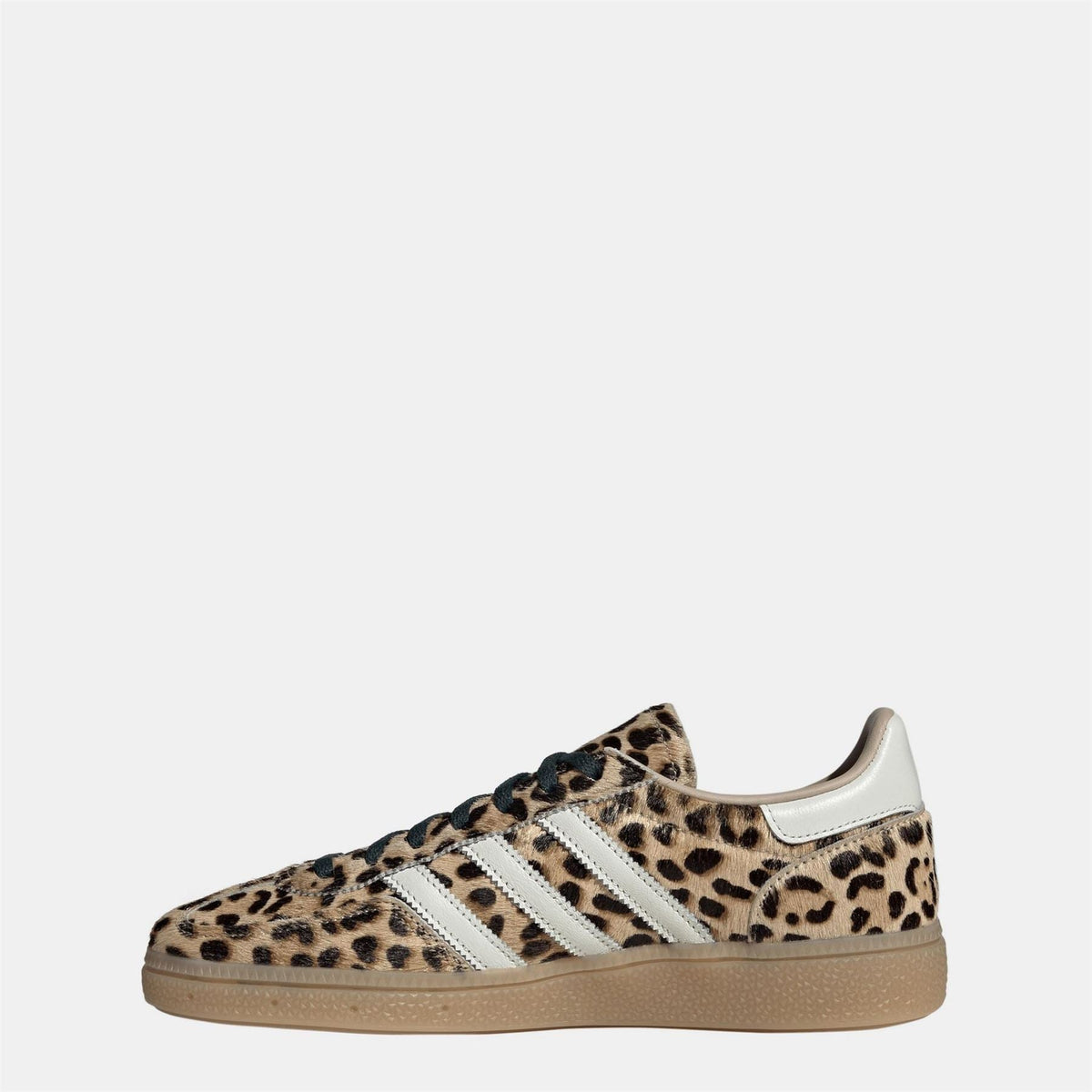 Women's Handball Spezial sneaker, leopard print side view with white stripes and tan sole
