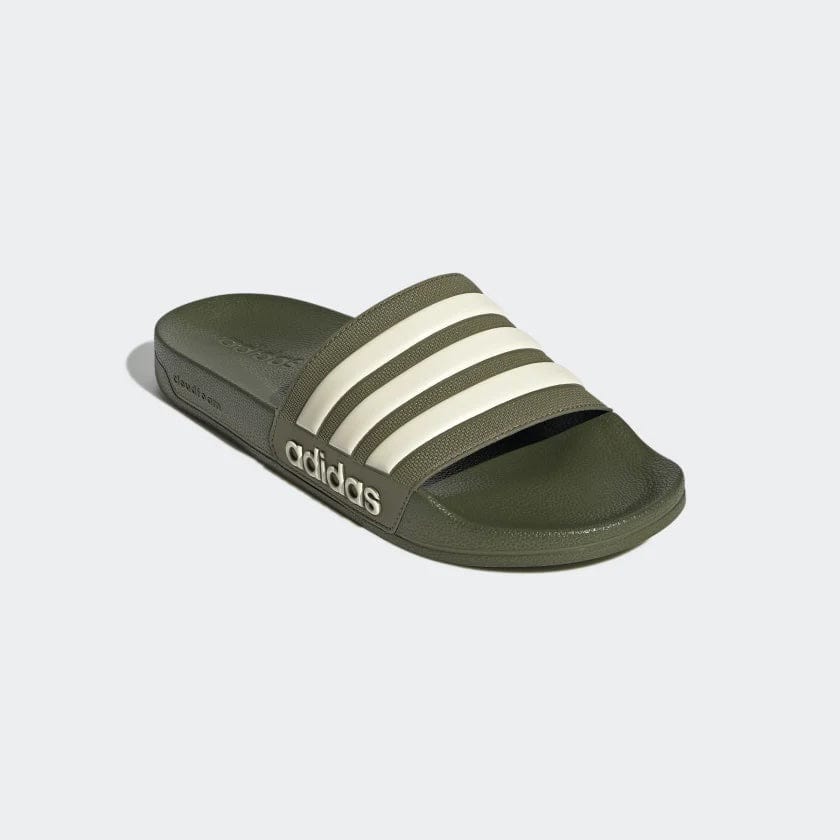 Adilette shower slide, olive upper with three white adidas stripes
