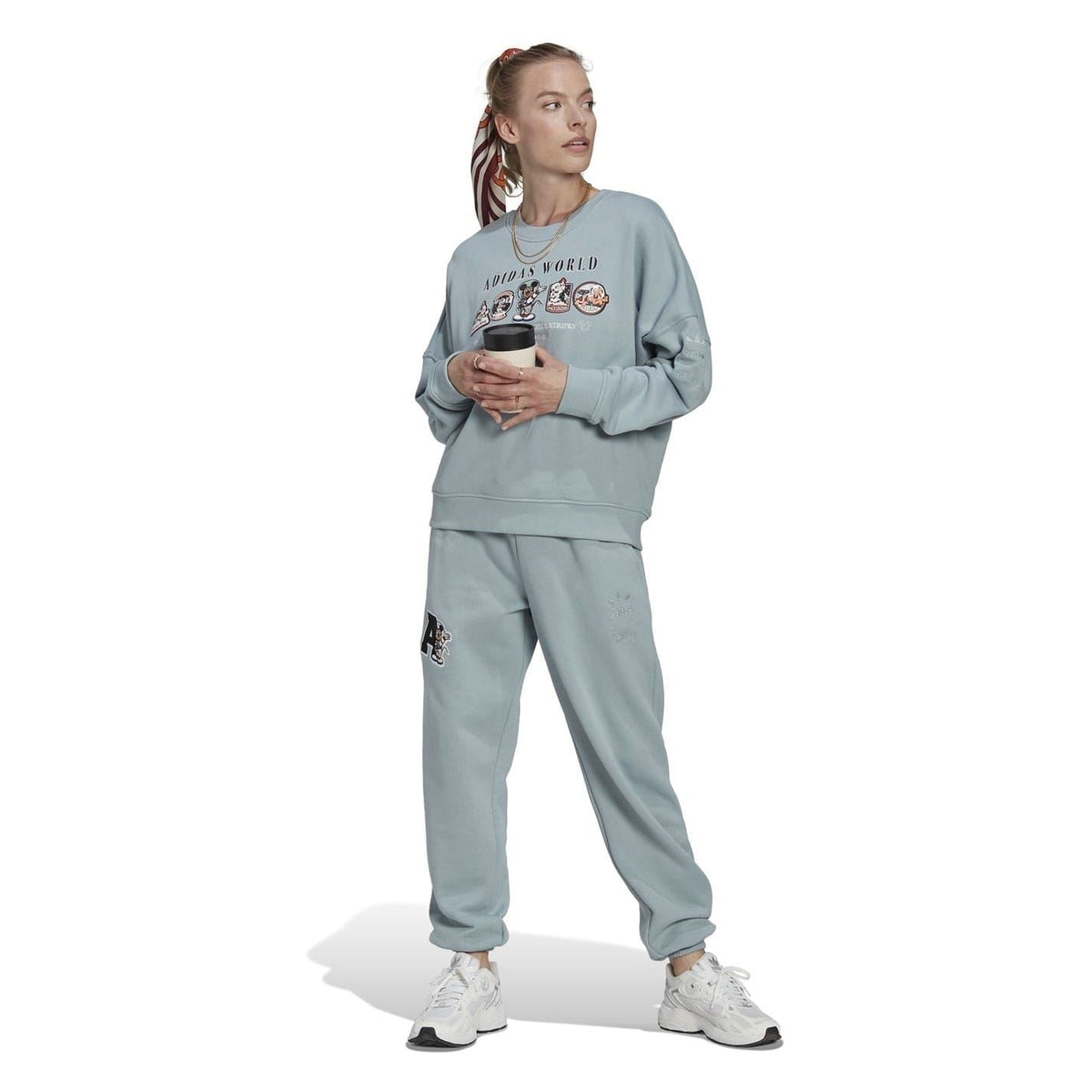 Grey Mickey Mouse joggers with drawstring waist and cuffed hems, full length