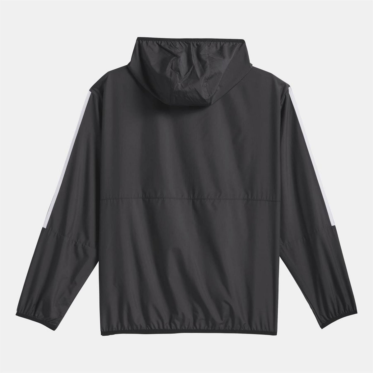 Black hooded windbreaker jacket with full zip and side pockets