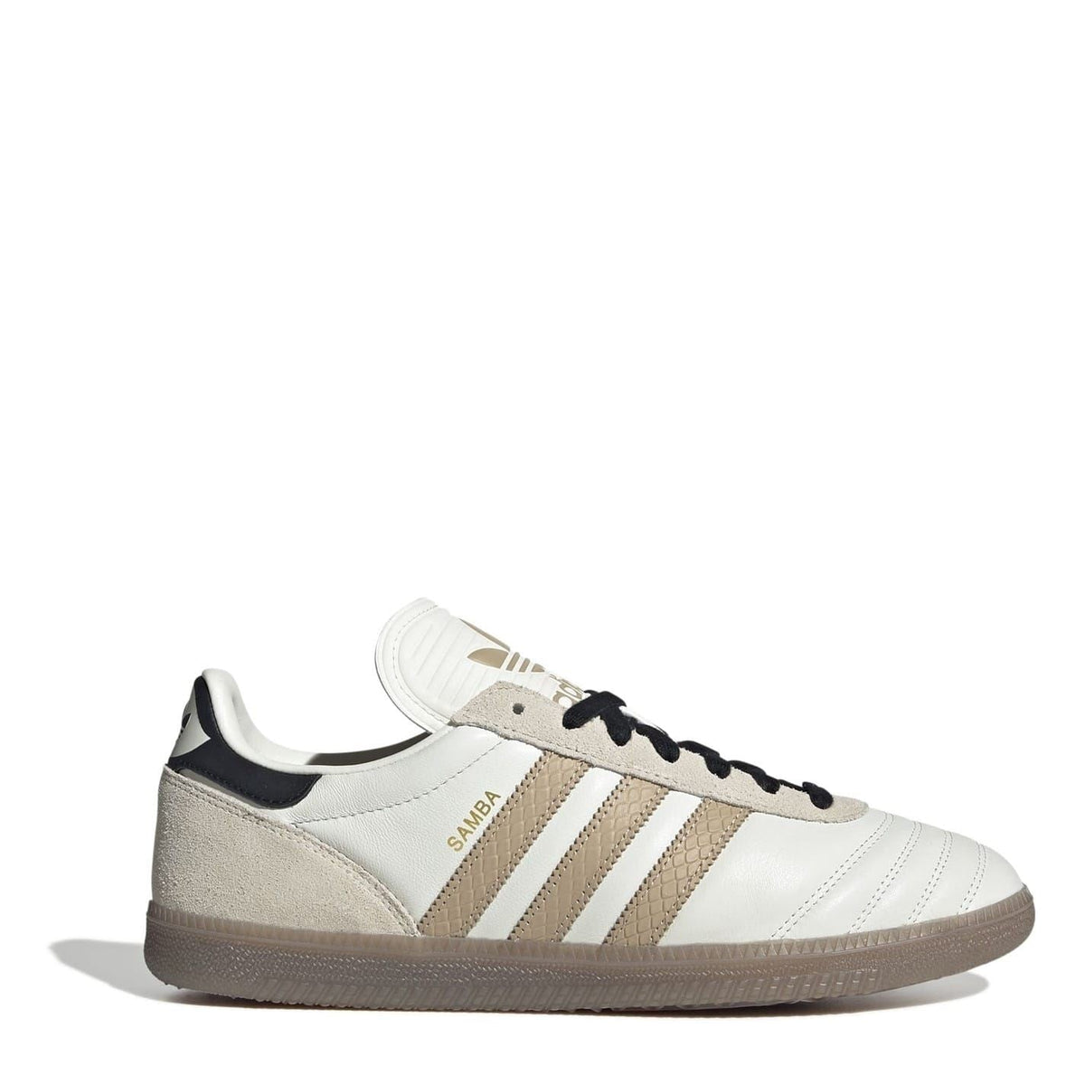 White and beige low-top sneakers with black lace-up, suede panels, and striped overlays