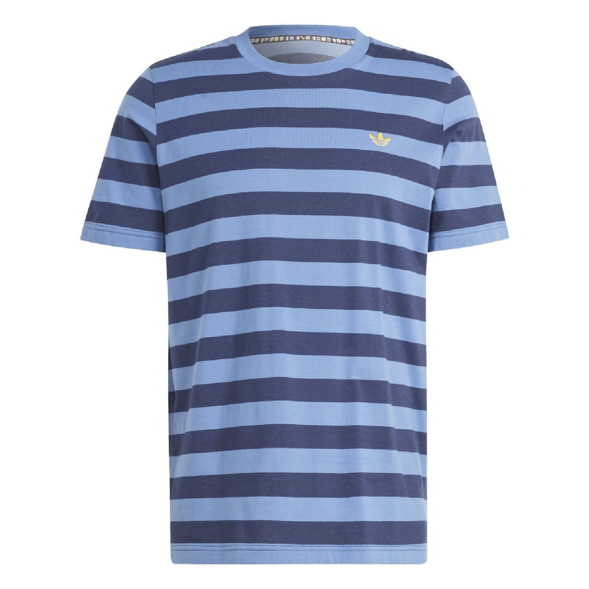 Striped crew-neck t-shirt, short sleeves, blue/dark navy horizontal stripes, adidas logo