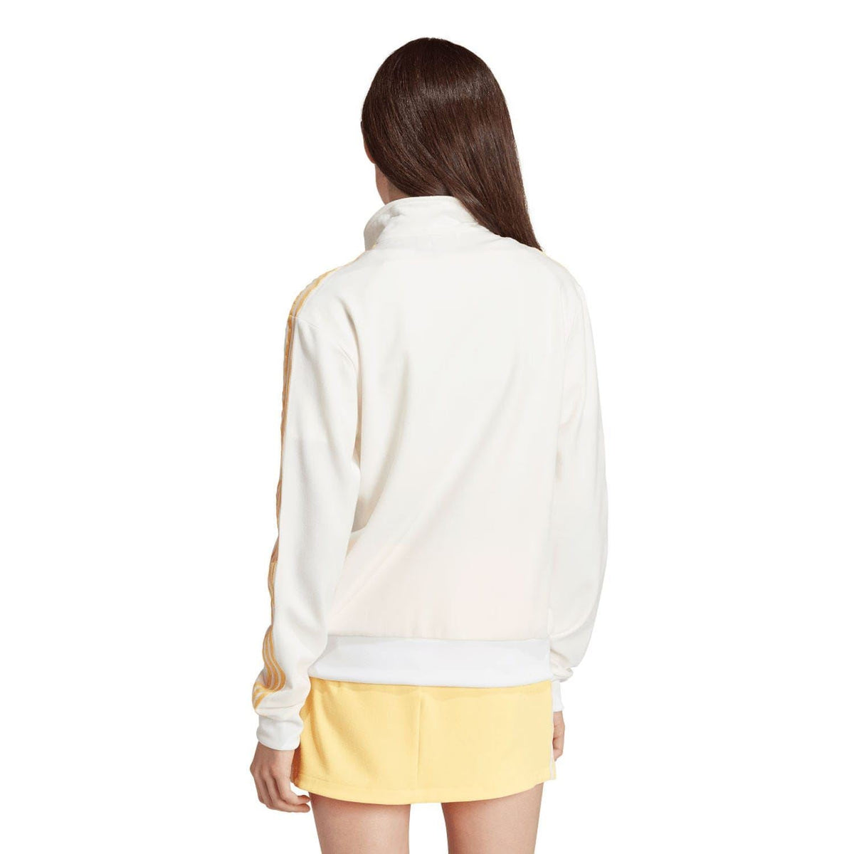 Off-white track top back view with stand collar and gold stripe sleeves