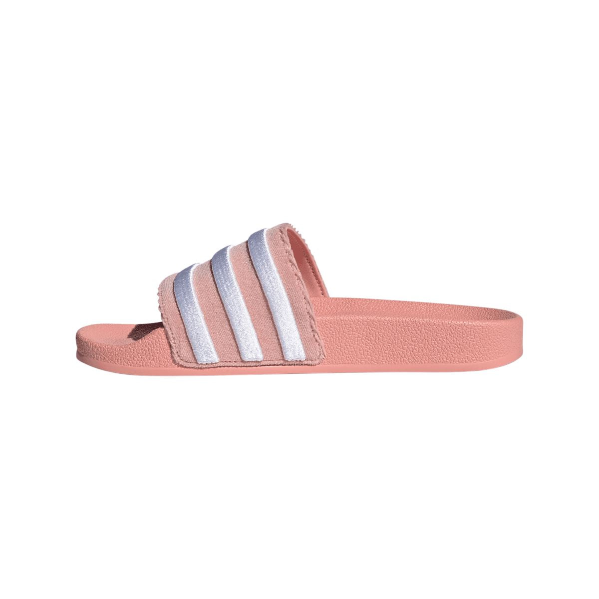 adidas Originals Adilette slide sandals mauve with white three-stripe band, side angle