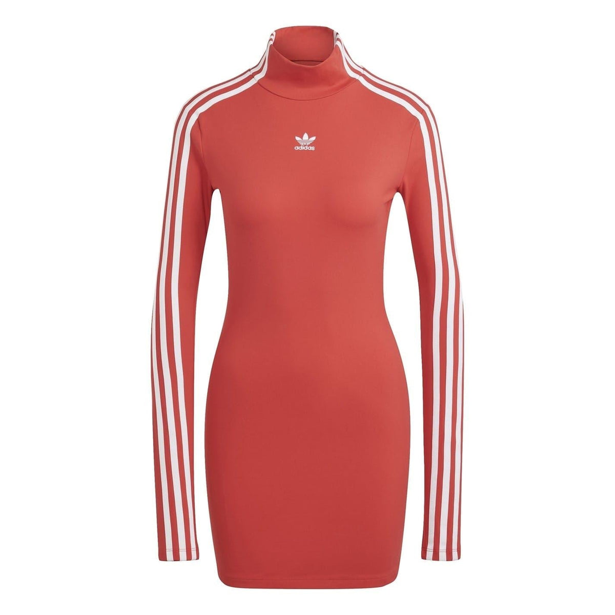 Red Adidas Originals mini dress with mock neck, long sleeves, and white 3-stripe detailing