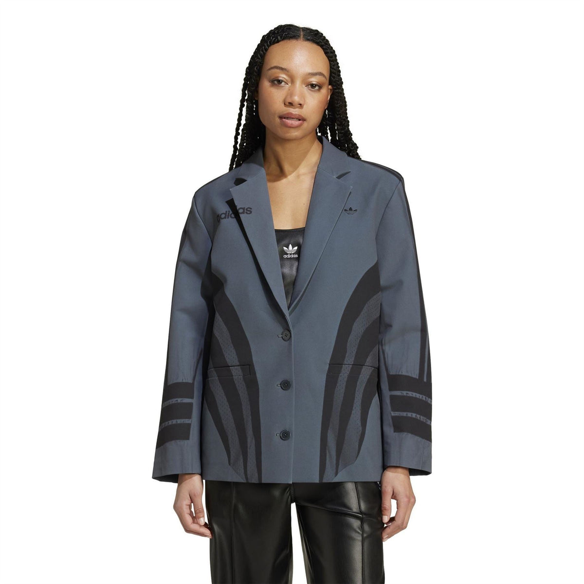 Carbon blue-gray blazer with zebra graphic panels, notch lapels, button closure