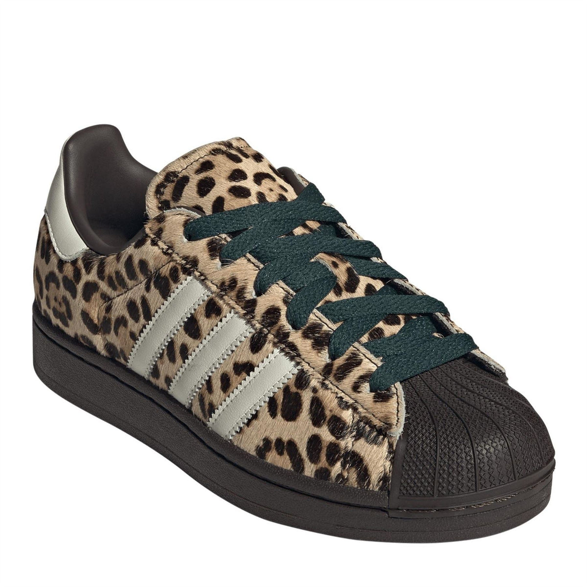 adidas Originals Superstar II sneakers, leopard print upper with dark green laces and white stripes