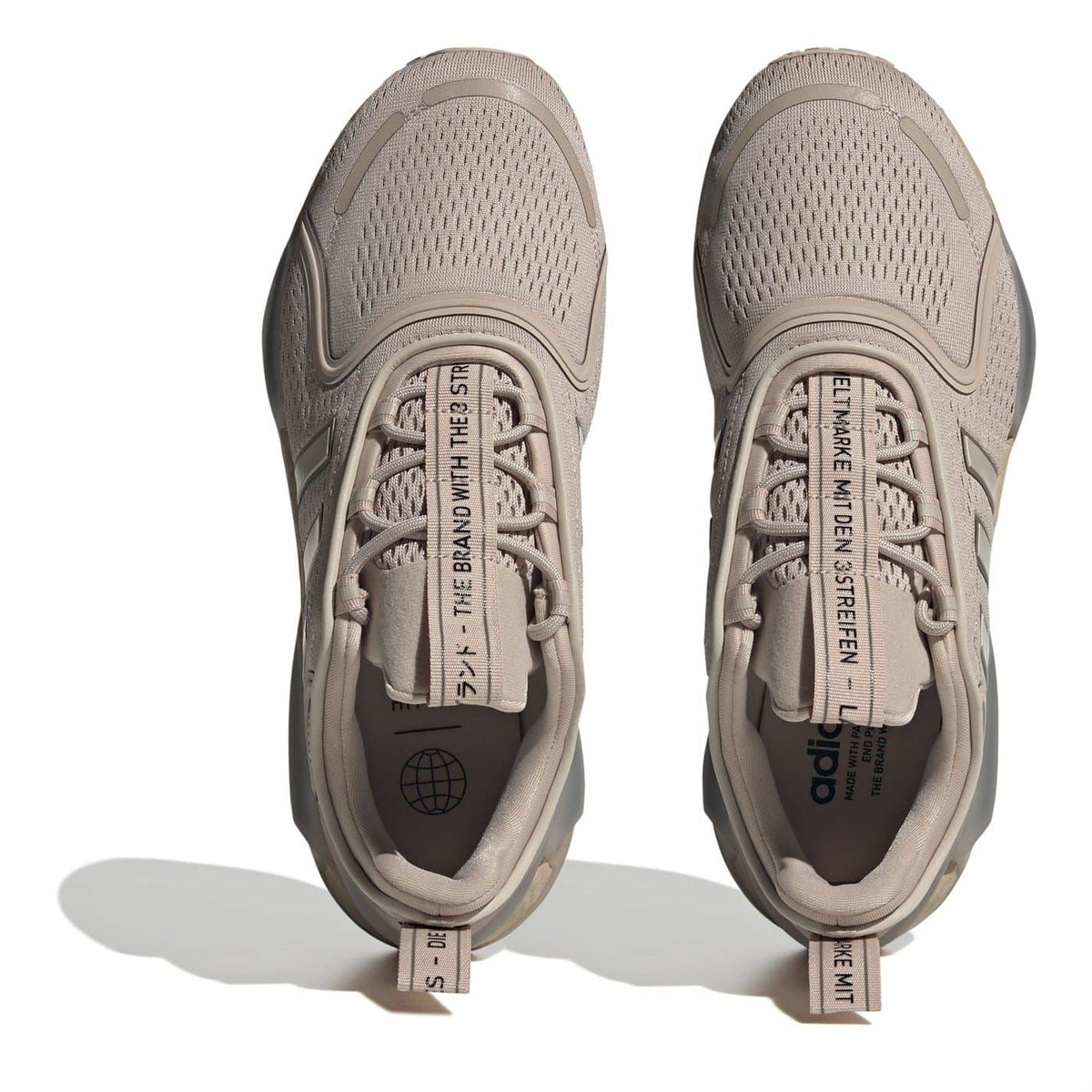 Beige NMD V3 sneaker uppers with lace-up tongue label and breathable perforated toe