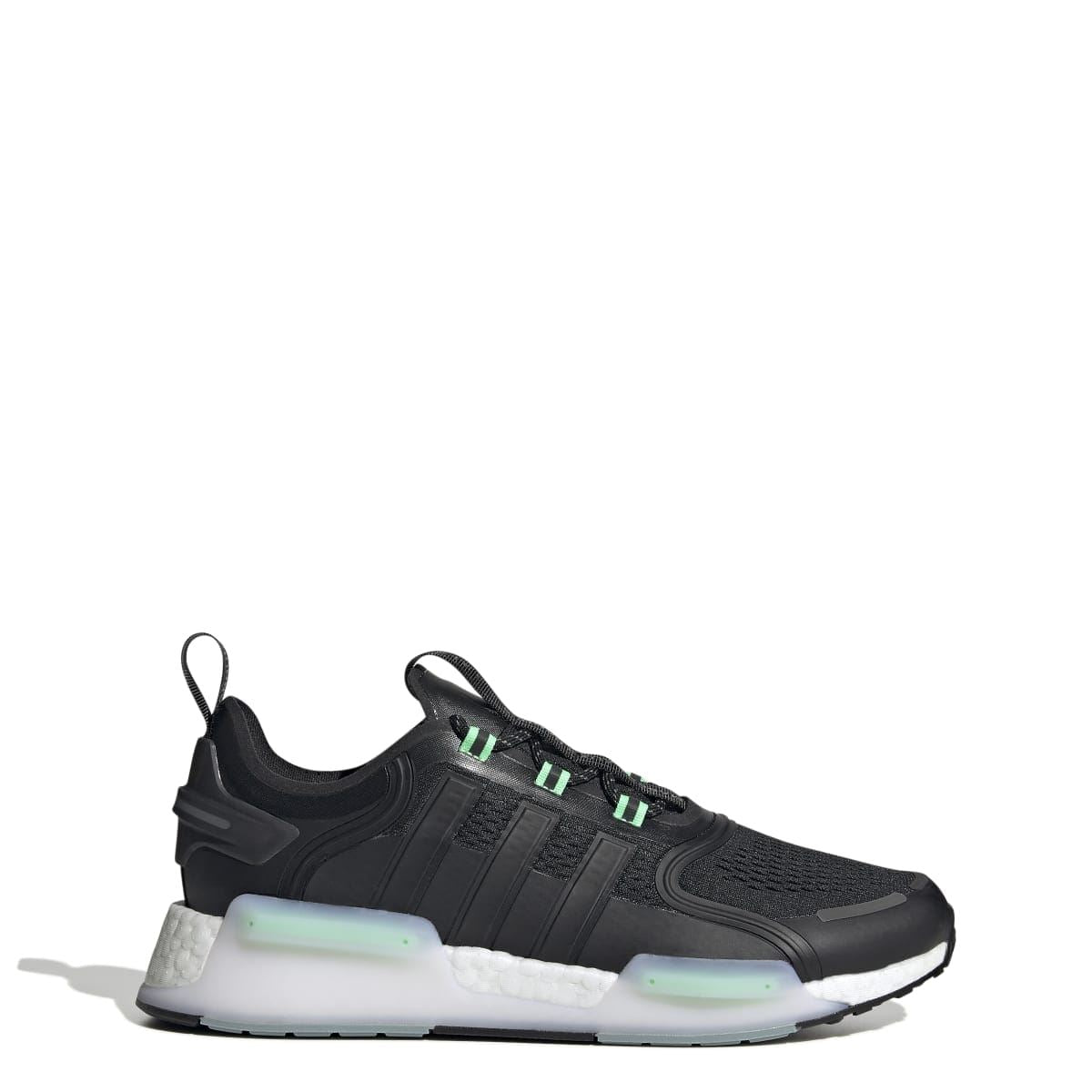 Black NMD_V3 trainers side view with green stripe details and light green midsole