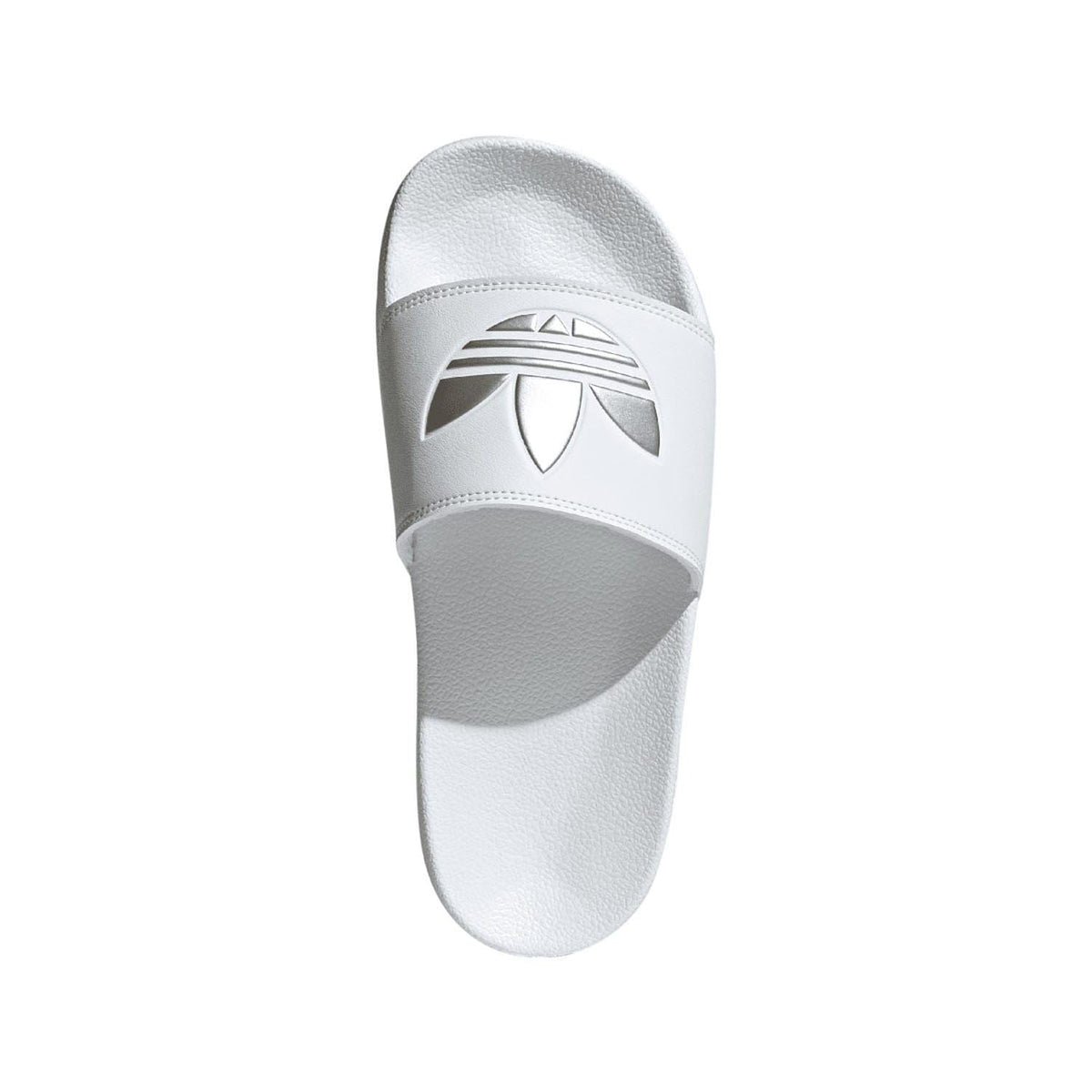White adidas slide sandal, smooth footbed with strap logo panel