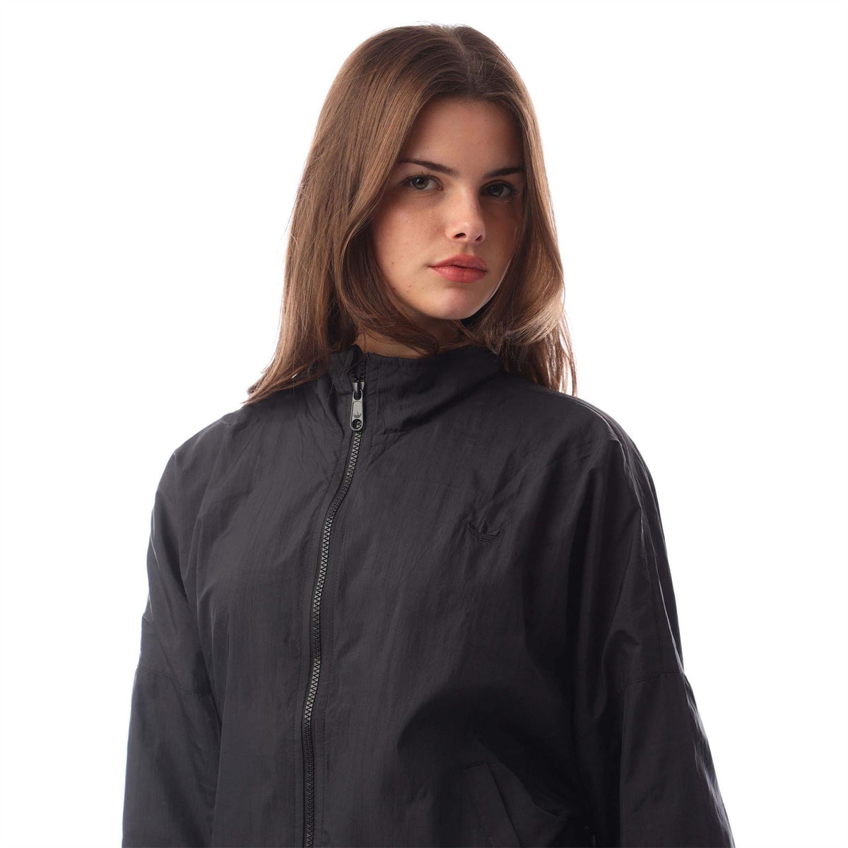 Black track jacket, zip front with high stand collar