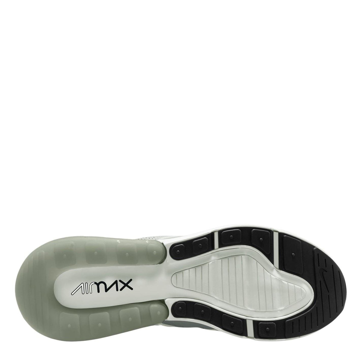 Air Max 270 outsole view with green translucent air sole and black traction pods